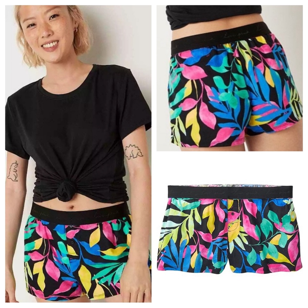 Vs Victorias Secret Pink Flannel Sleep Boxy Short Shortie Tropical Leaves XL